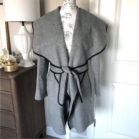 Vince Drape Front Leather Trim Wool Wrap Coat - Picture 4 of 7